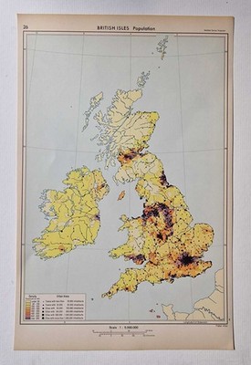 SINCLAIR Faber Atlas Population Chart of the British Isles (1964 Colour Print)