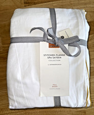 Anthropologie FULL Stitched-Flange Spa Sateen Duvet Cover White w/ Gold Trim NWT