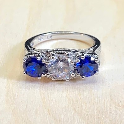 Zirkonia Synthetischer Saphir Krappen Set Ring Vintage Sterlingsilber 925 Gr. 6,5