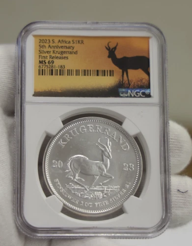 2023 S South Africa 1 Krugerrand Silver 5th Anniv. NGC MS69 First Releases.