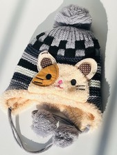 Knit Kitten Beanie Cap Fleece Lined w Ear Flaps, Ties Pompoms Cat Beanie