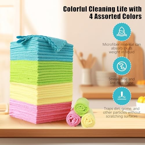  12 Pack Microfiber Cleaning Cloth - Reusable Cleaning Rag, Fast Drying 