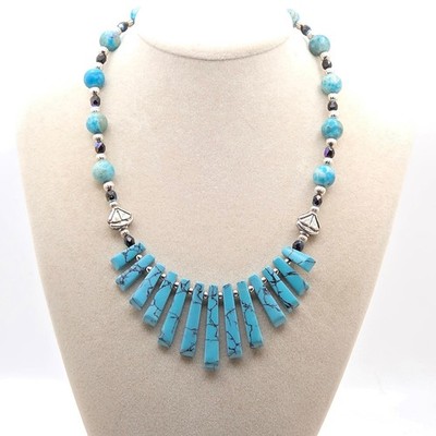 Boho Aqua Terra Jasper & Turquoise Spike Statement Choker Necklace 14''