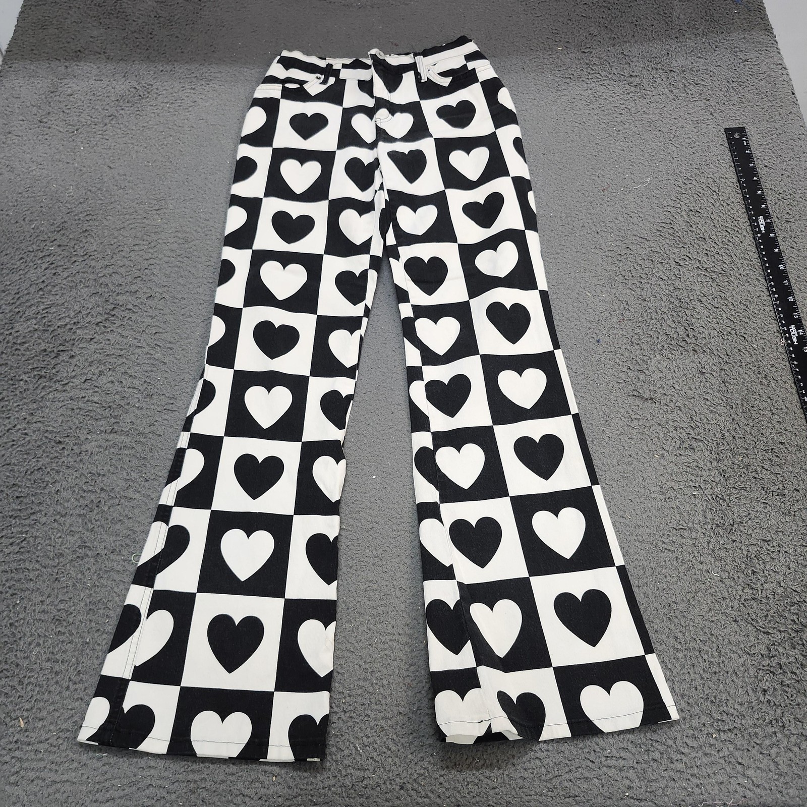 Moschino Jeans Womens 29 Black White Heart High Rise Flare Stretch Denim Jeans
