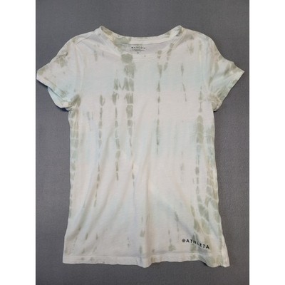 Athleta XS T Shirt Top White Green Tie Dye Short Sleeve Cotton Casual