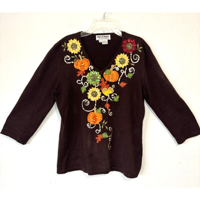 Vintage Jack B. Quick Fall Embroidered Sequin Top Pumpkins Sunflowers Halloween