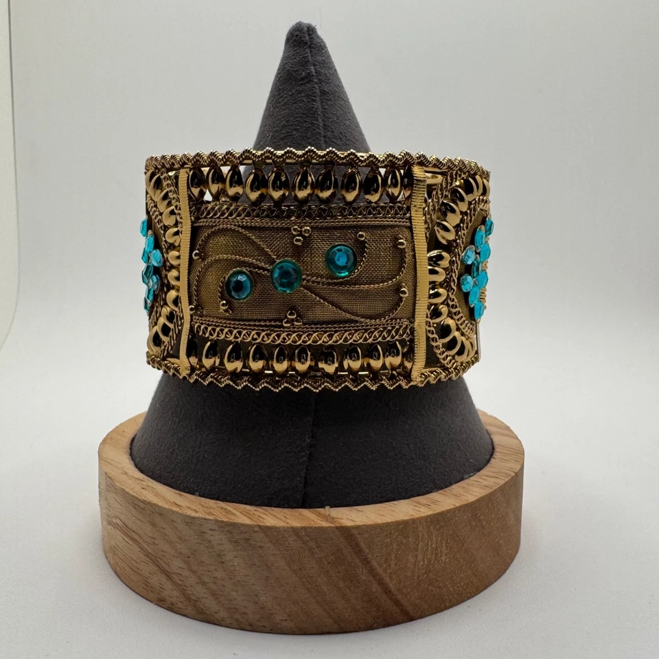 Vintage Filigree Hinged Bangle Bracelet Dangle Beaded Tassel Gold Tone - Image 4 of 4