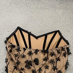 Micas Corset Top Womens Small Beige Black 3D Floral Mesh Strapless Bustier Tan
