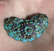 Antique Qing Dynasty Chinese Blue Green Red Kingfisher Feather Brooch Pin Asian