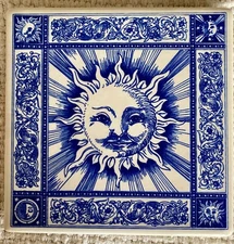 Vintage 1992 Santa Barbara Ceramic Design Blue White Sun Face Tile Trivet Hangs
