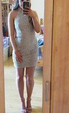 PrettyLittleThing Blue High Neck Lace Crochet Bodycon Mini Dress Size 8