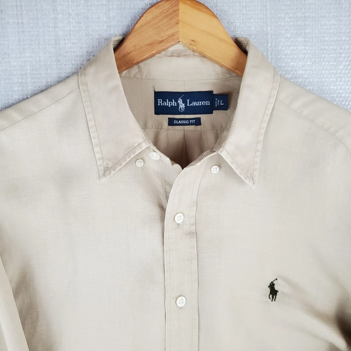 VTG POLO RALPH LAUREN Size Large Smooth Linen/Silk Khaki Button Down Shirt
