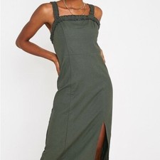 Urban Outfitters Green Moss Linen Blend Front Slit Smocked Midi Dress Small