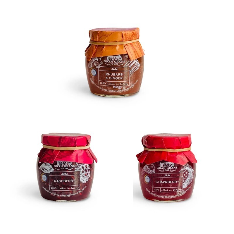 Mermeladas de frambuesa, ruibarbo y jengibre, paquete de 3 mini conservas