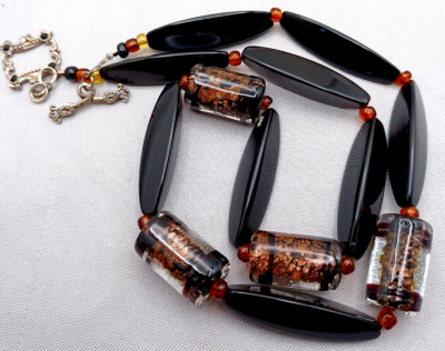 Black Onyx & Lampwork Bead Necklace 3 Side Onyx & Black With Copper Sparkle Bead