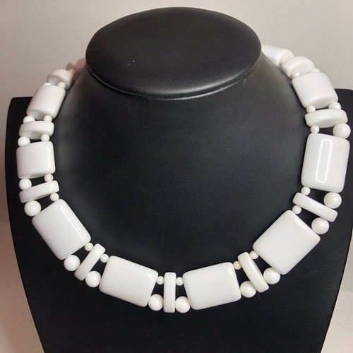4879 Monet white Chicklet bead station 16" goldtone Collar necklace clasp signed
