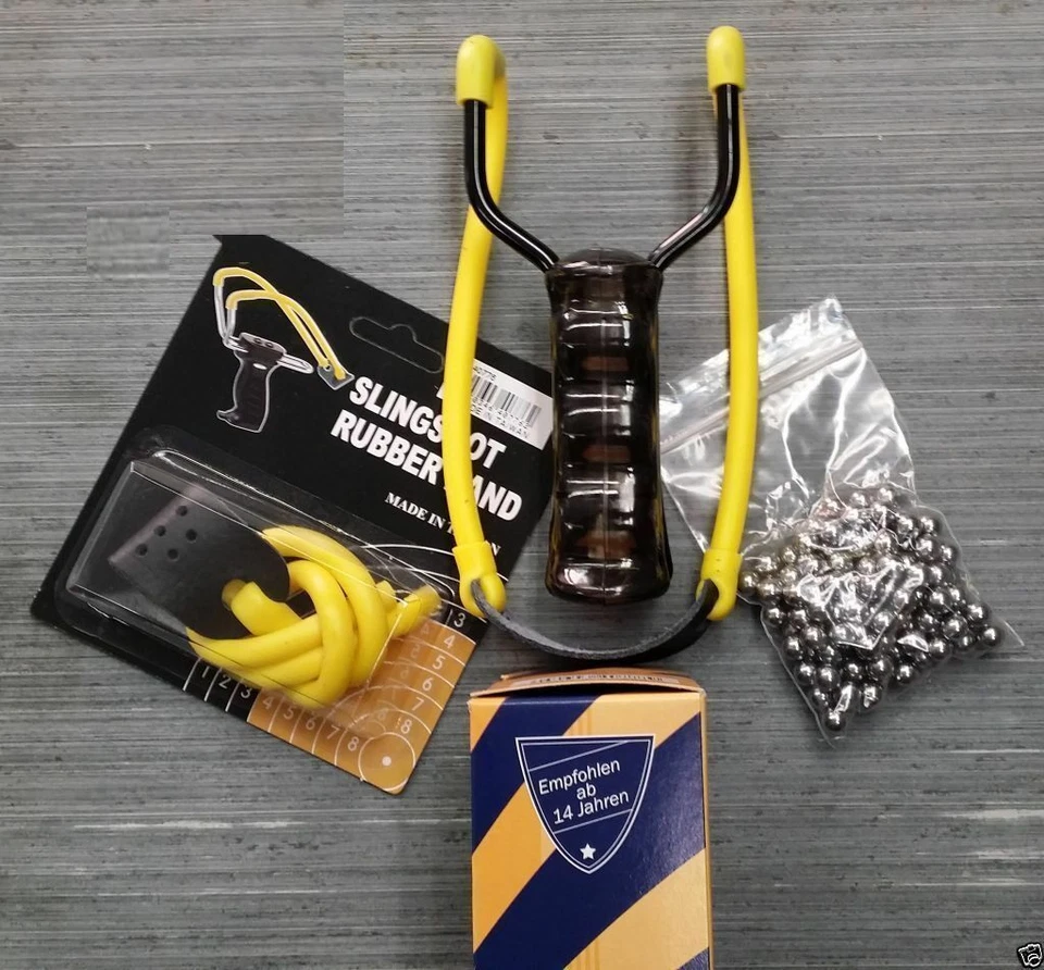 HALLER Steinschleuder Schleuder Zwille Sportschleuder + 100 Metallkugeln + Ersatzgummi