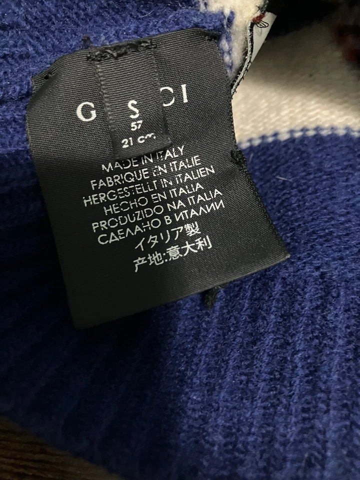 Gucci Gorro Tejido Lana Rayas Azul/Blanco con Cabeza de Tigre M/58 500929 4278 Foto 2 de 4