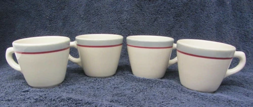4 Vintage SYRACUSE CHINA CUP GRAY MAROON Stripes Coffee Tea Mug Restaurant Ware