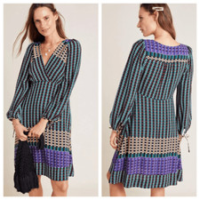 Anthropologie MAEVE Size 0 Gianna Wrap Tunic Dress Long Sleeve printed Multi