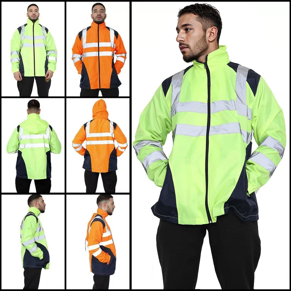FASHION FATEEK Mens Hi Vis Waterproof Rain Jacket Reflective Tape Visibility Workwear Raincoat