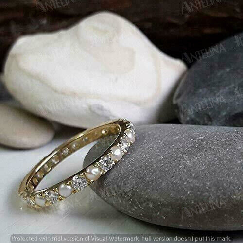 1 CT Simulated Round Pearl Engagement Eternity Band Ring 925 Silver Gold Plated - Picture 2 of 10