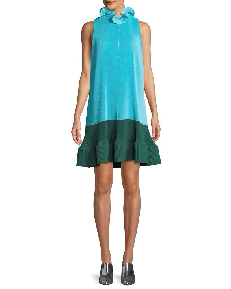 Tibi Blue and Dark Green Pleated Midi Dress