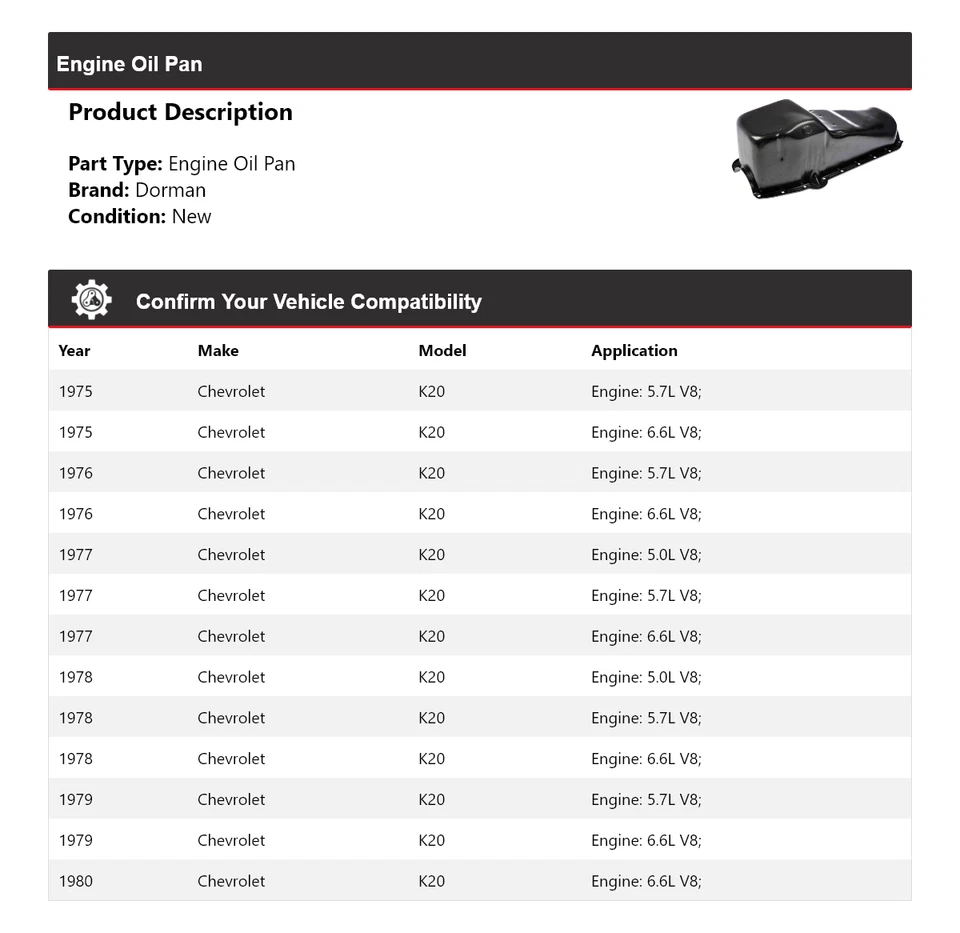 Para Chevrolet K20 Dorman 1975-1980 cárter de aceite del motor 1976 1977 1978 1979 Foto 2 de 4