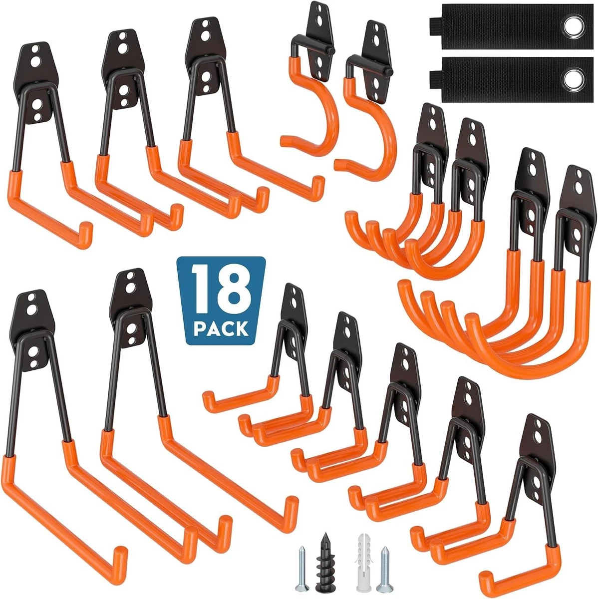 18 Pack Orange Garage Storage Hooks Heavy Duty U J and S 3 Designs