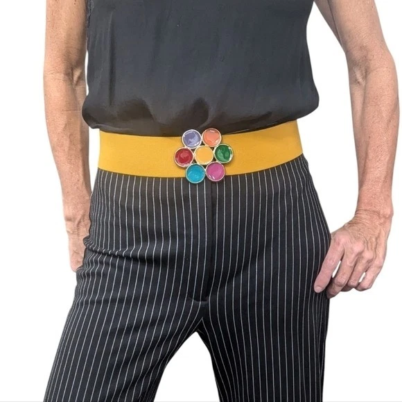 Armani Exchange AX Black Ruched Elastic Waist Belt Yellow Logo Buckle Snap 36in Ax belt buckle - Gem main image 2