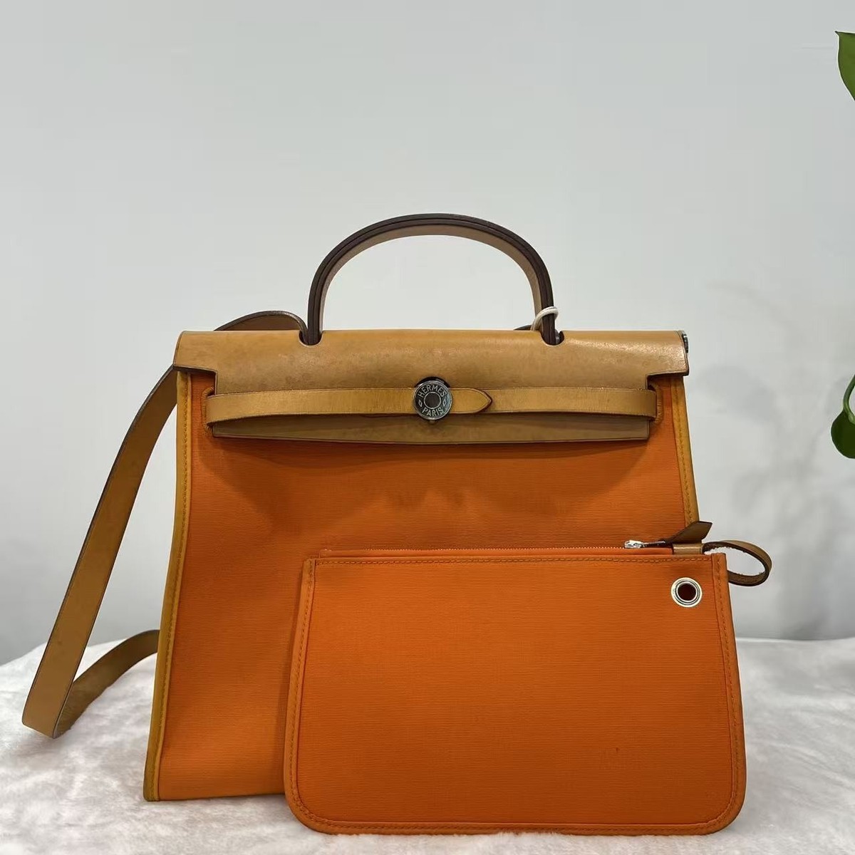 Hermes Herbag Zip Top Handle Bag Orange Canvas Leather Vintage