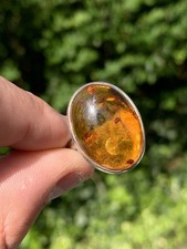 Silver Amber Ring, Vintage 925 Large