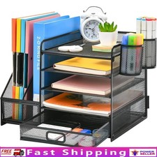 Office Desk Organizer W/ 5 Sliding Trays 2 Magazine Holders Drawer  Pen Holders