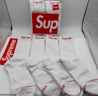 Supreme x Hanes White Crew Socks 4 Pack Size 6-12 Cotton Streetwear New