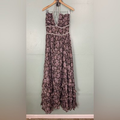 V Chapman Scarlette Dress In Chocolate Peony Floral Size 10 Purple Brown  Ruffle | eBay