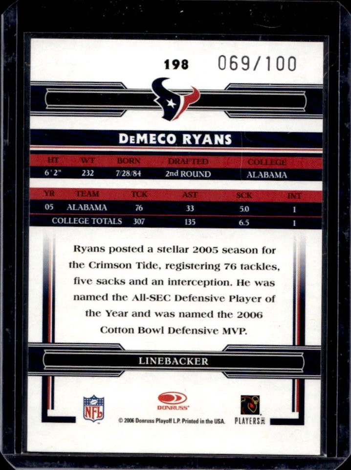 2006 Donruss Threads DeMeco Ryans Silver Holofoil Rookie RC #69/100 Texans - Image 2 of 2