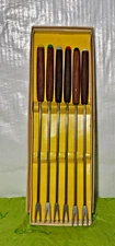 True Vintage MCM Fondue Forks Set Teak Handles Rainbow Multicolored Colored Ends