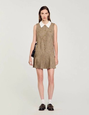 $475 SANDRO Short Micro Houndstooth Dress | Marron / Brown | French 36, US 4