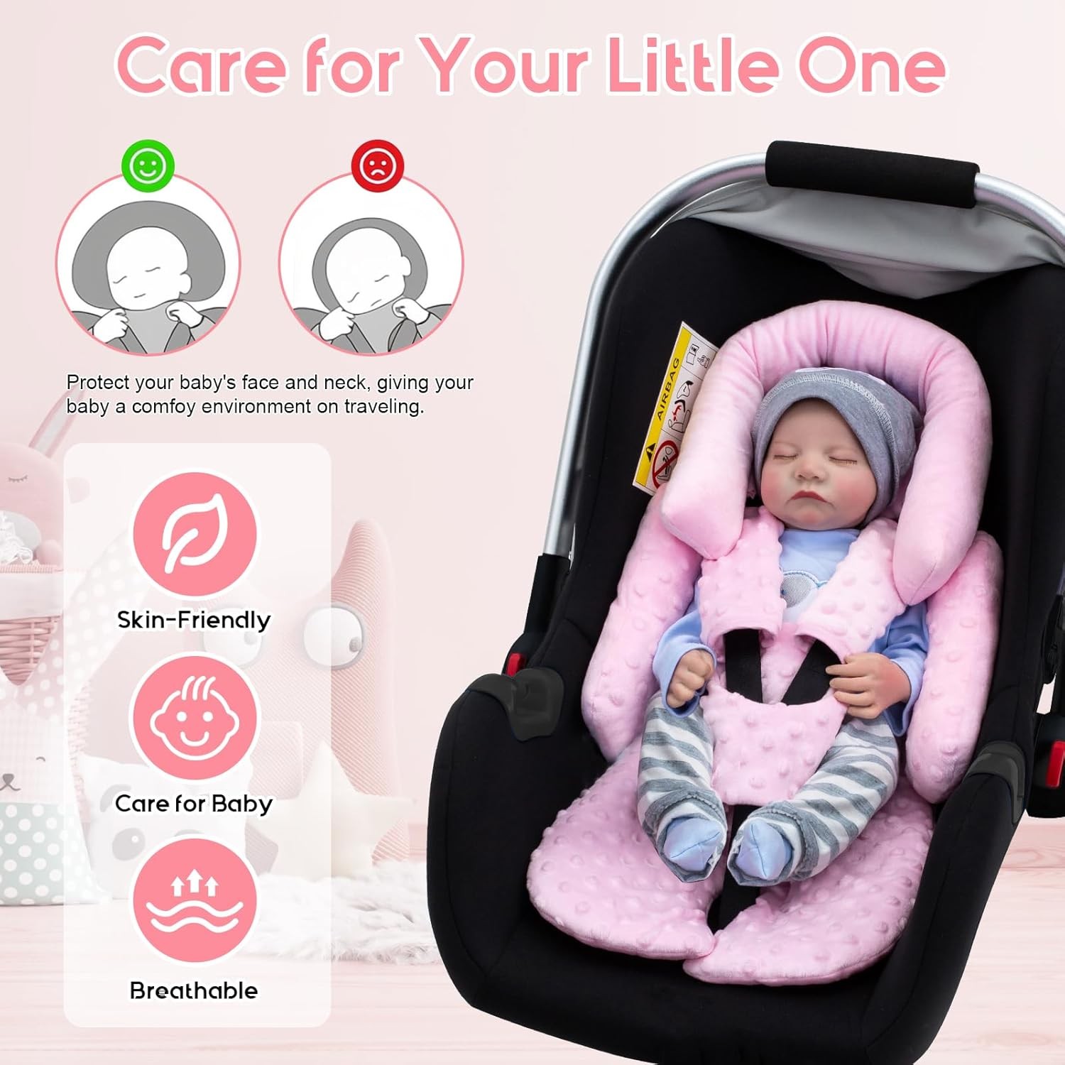 Infant Car Seat Insert with Extra 3 Strap Covers, Thickened Carseat Head Pink 