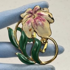 Vintage Flower Dress Clip Fur Clip Gold Tone pink floral enamel 1930s 1940s