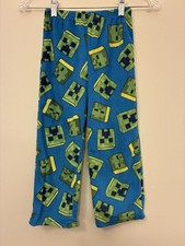 Kids Boys Minecraft Print Cozy Fleece Elastic Waist Pull On PJ Pants Blue Sz 6