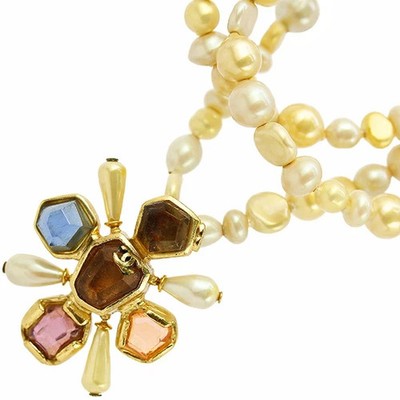CHANEL COCO Mark Necklace Gold Plated Costume pearl White Vintage Women CC