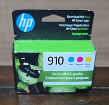 HP 910 Ink Cartridges OEM 3-Pack Cyan Magenta Yellow Exp 08/2027 - NEW SEALED