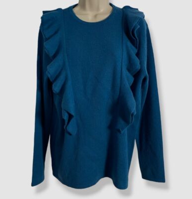 $395 Neiman Marcus Women's Blue Cashmere Long Sleeve Ruffle Sweater Size L