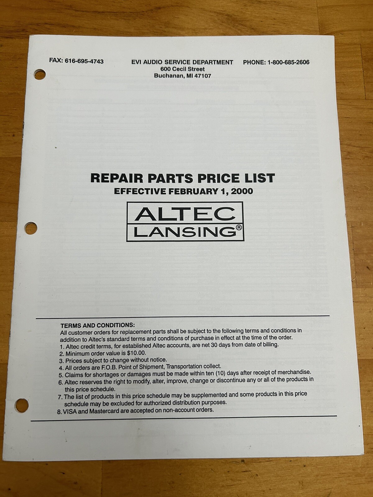 EVI Audio Repair Parts Price List for Altec Lansing 2000 Vintage Service