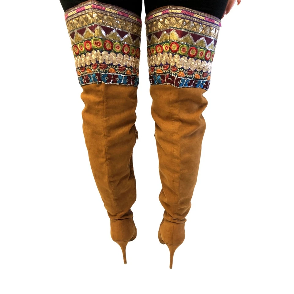 Vtg 80's Style BOHEMIAN EMBELLISHED Thigh High Tall FESTIVAL Boots Stiletto Heel - Image 4 of 4