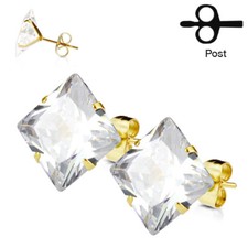 1 Pair of GOLD Plated Stud Earring with Prong Set SQUARE Clear CZ B/4/6 
