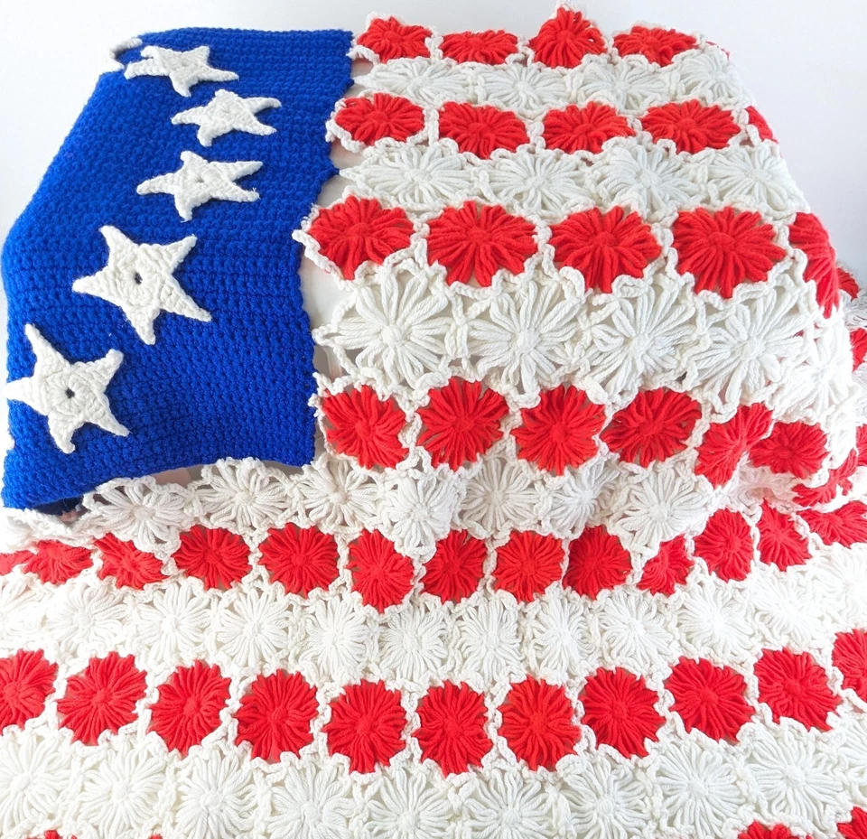 Vintage Crochet Afghan American Flag Patriotic Handmade 36x56 USA Blanket - Image 2 of 4