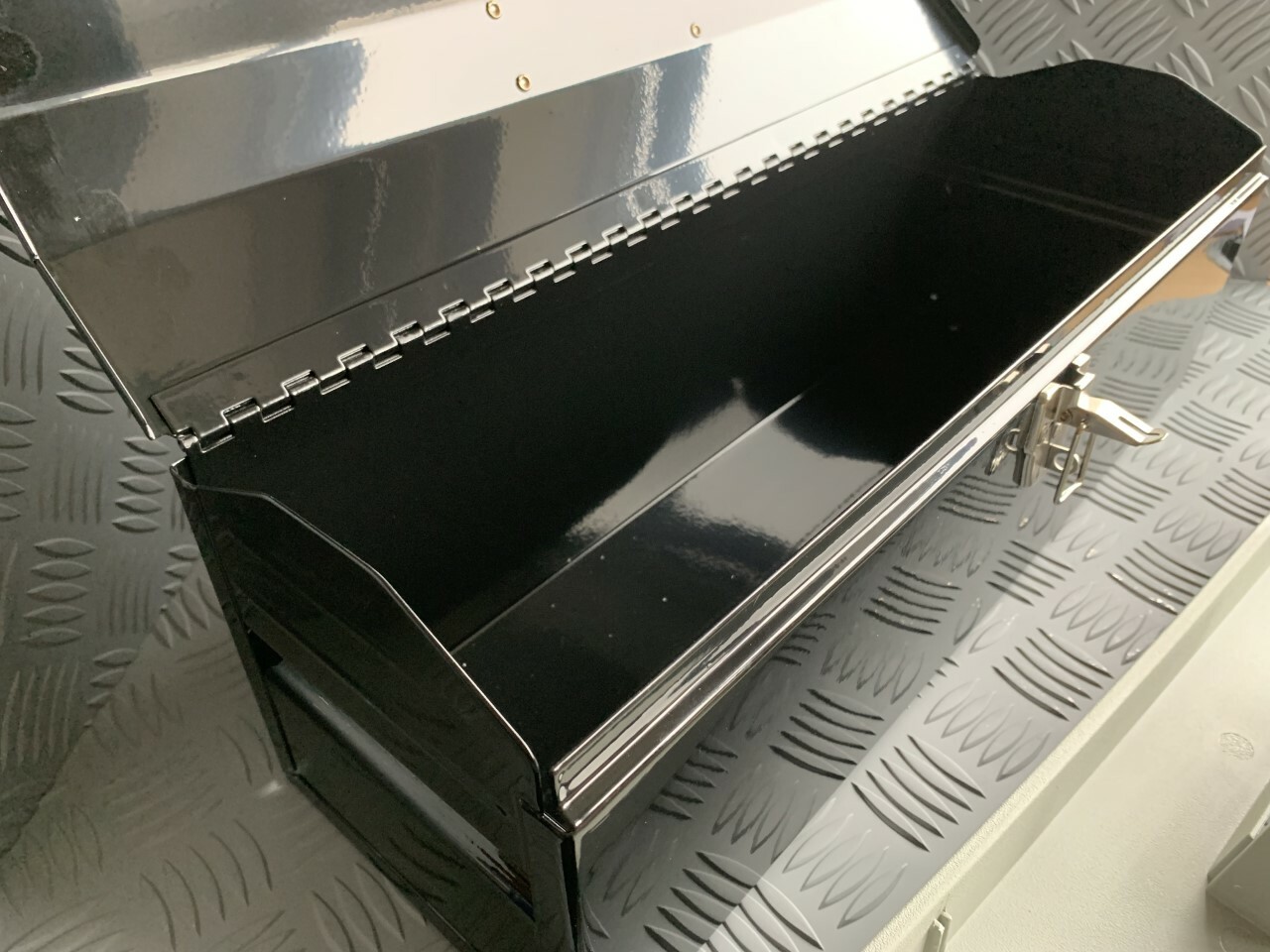 Tractor Tool Box, Black, Metal. Barn Tool Box, with Plastic Tray. Deep