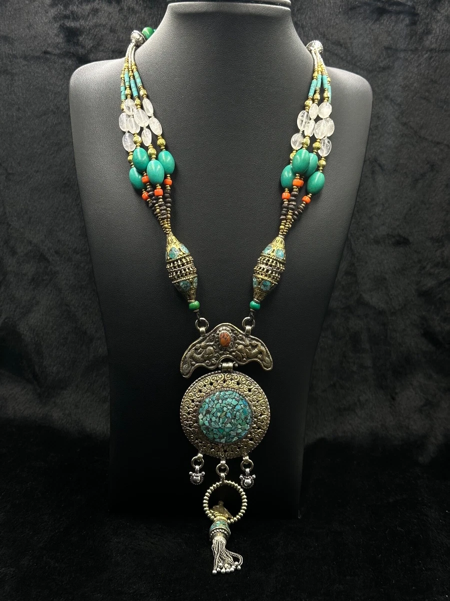 Rare Design Handmade Tibetan Old Necklace With Natural Turquoise Coral Stone